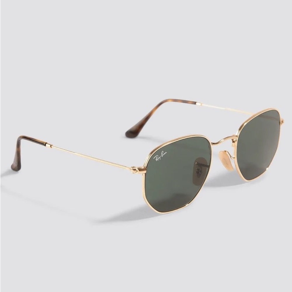 Hexagonal Ray-Ban flat lens sunglasses gold frame